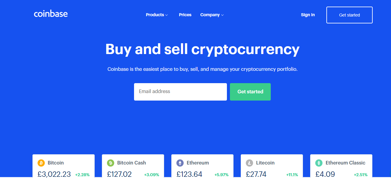 Page d’accueil di Coinbase